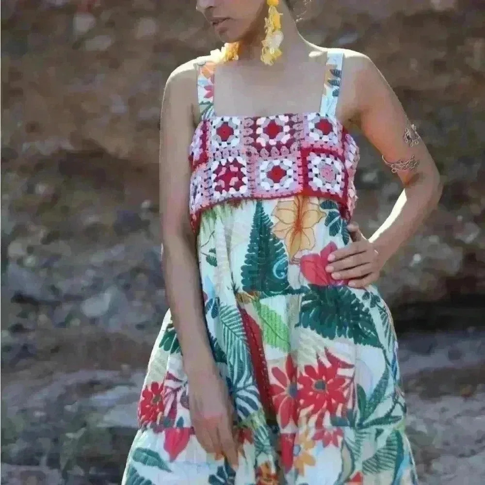 Farm Rio x Anthropologie Crochet Tropical Mini Dress S Pockets - Picture 6 of 11